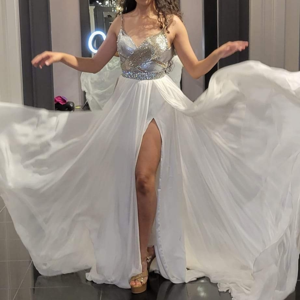 Jovani Couture White Chiffon Evening Gown with Gold/silver Bodice Wedding Prom